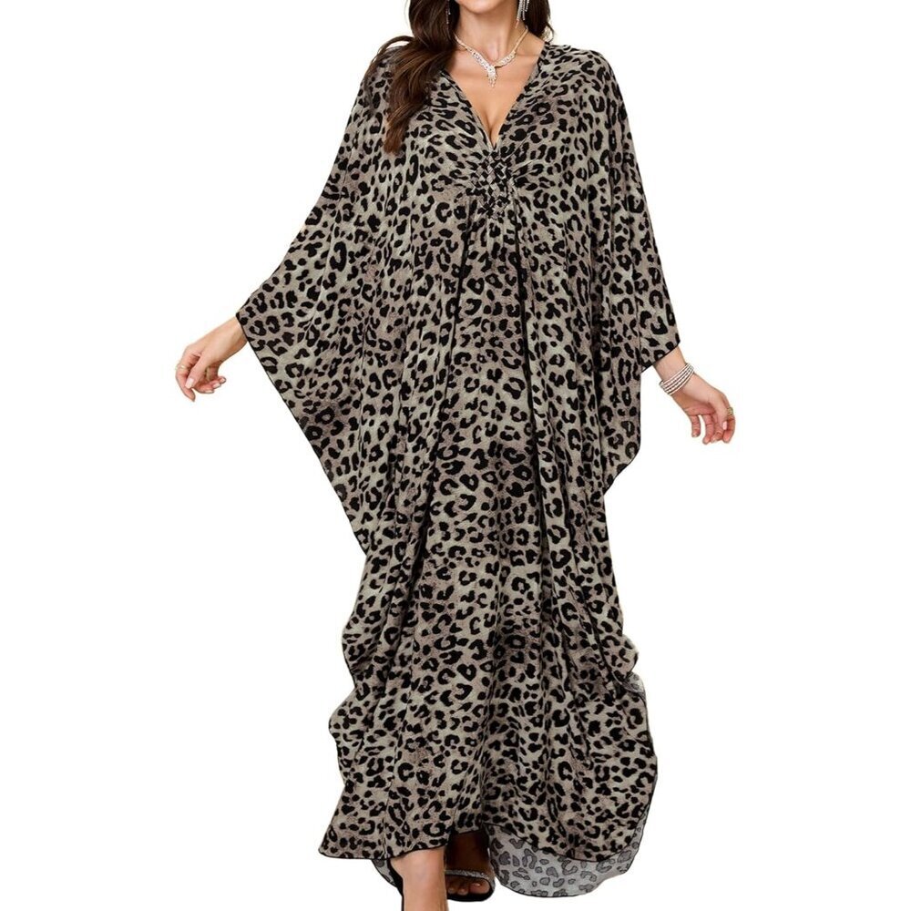 Women's Gray Leopard Spots V-Neck Batwing Sleeves Summer Cover Up Kaftan Dress